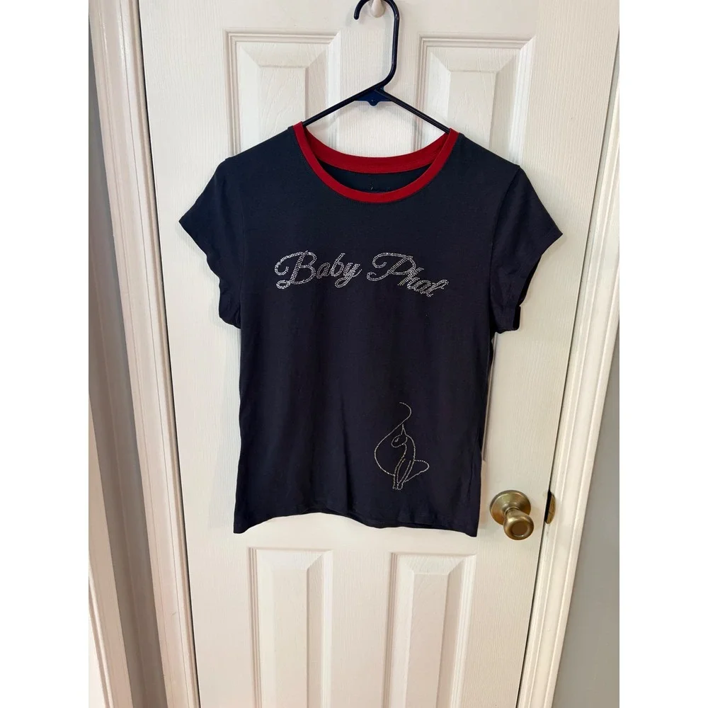 Baby Phat T-Shirt Girls XL Navy Blue Rhinestone Logo Y2K Ringer Short Sleeve Tee